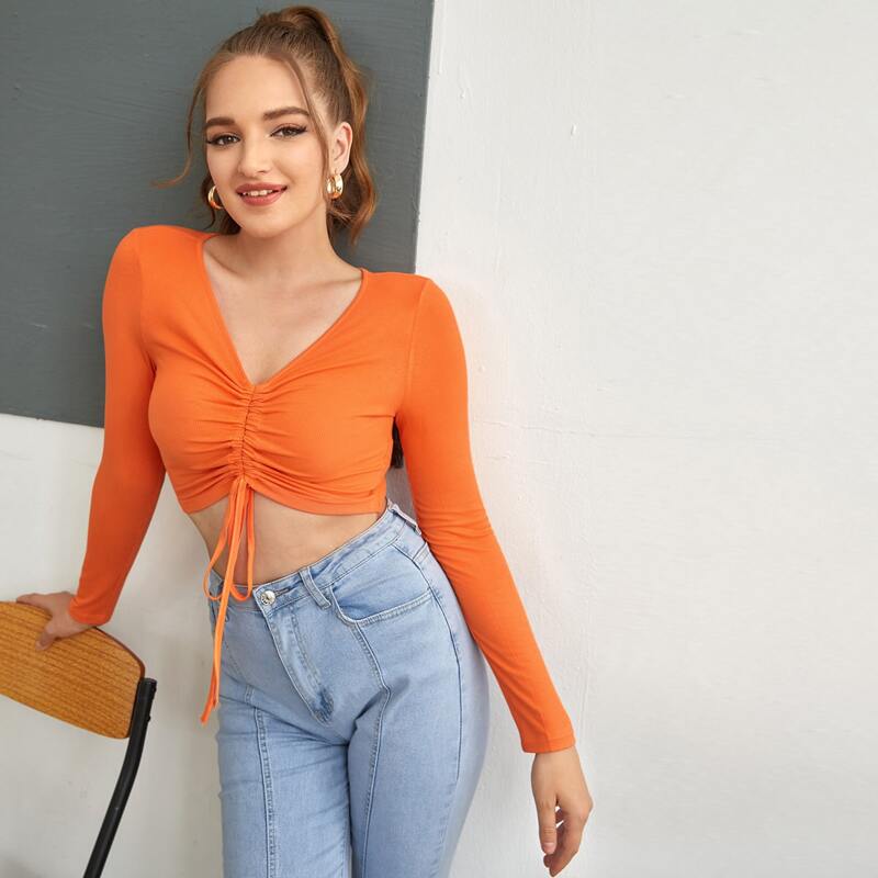

V Neck Drawstring Ruched Front Crop Tee, Orange