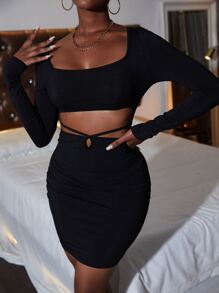 Scoop Neck Cutout Front Crisscross Tie Back Bodycon Dress - Black - View 4