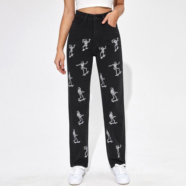 

Skeleton Print High Waist Straight Leg Jeans, Black