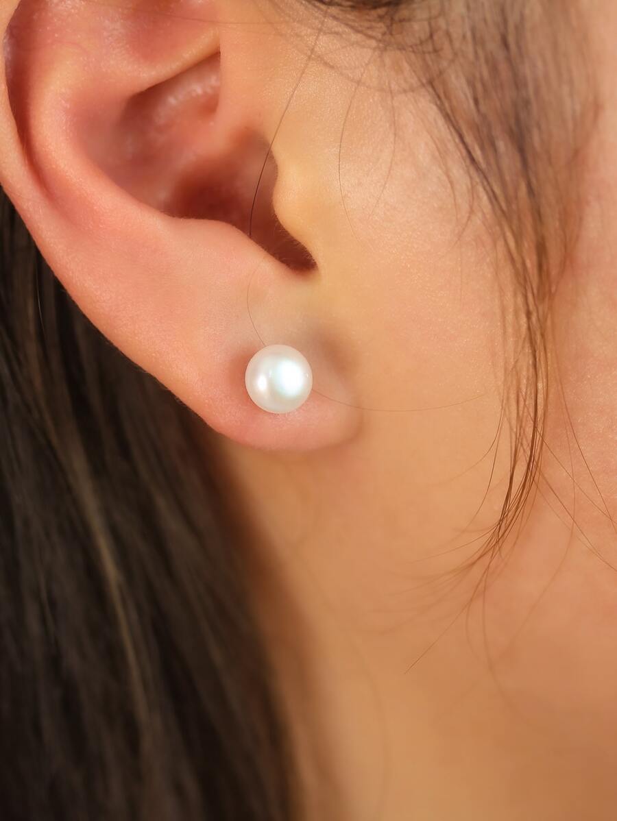 Pearl Stud Earrings - White - View 1