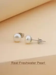 Pearl Stud Earrings - White - View 2