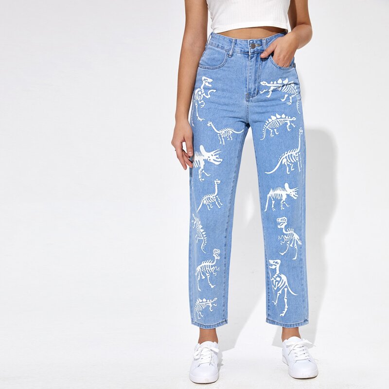 

Dinosaur Fossil Print High Waist Straight Leg Jeans, Light wash