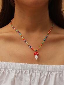 Mushroom Charm Beaded Necklace - Multicolor - View 1