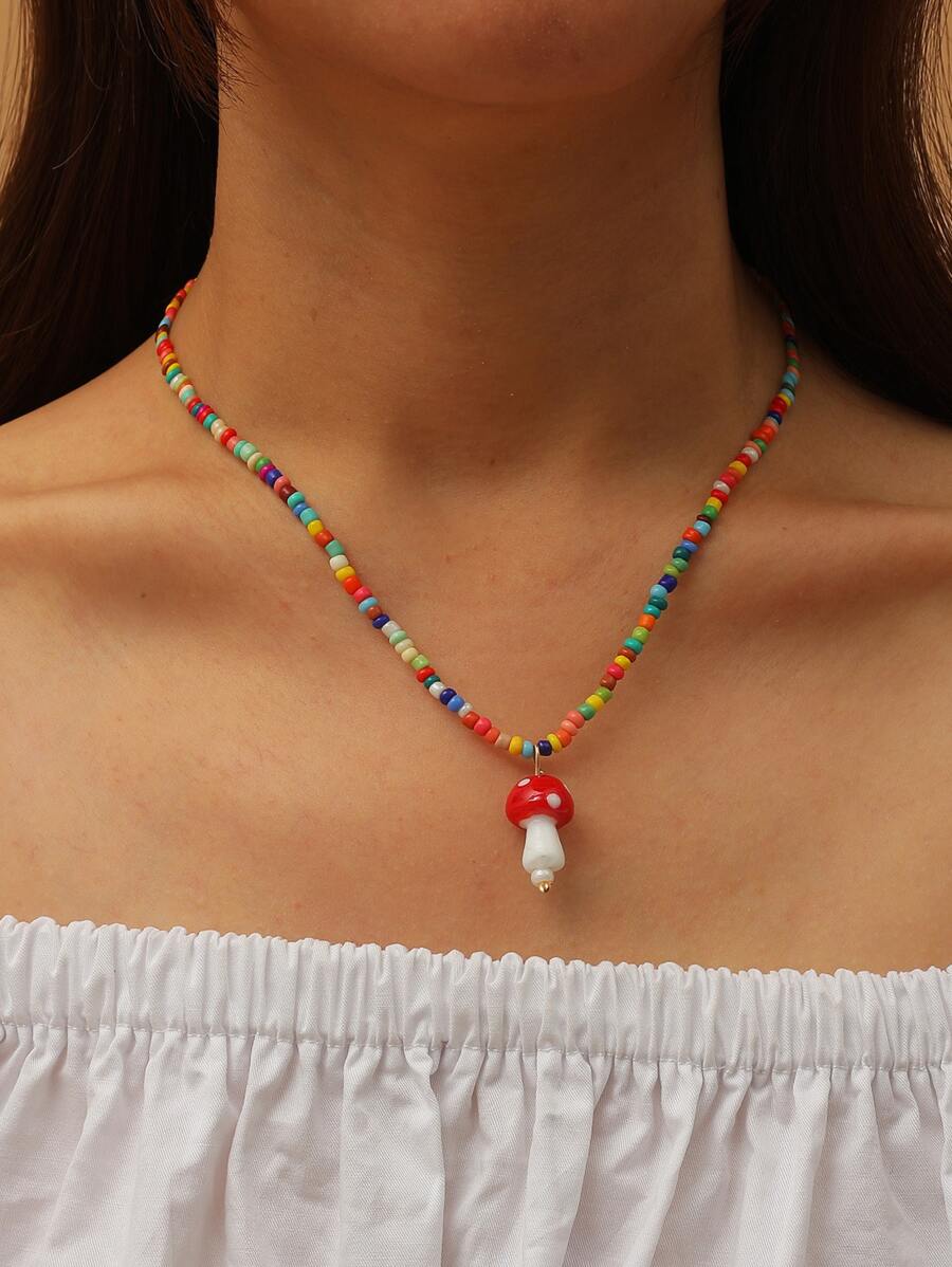 Mushroom Charm Beaded Necklace - Multicolor - View 1