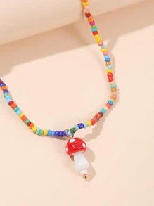 Mushroom Charm Beaded Necklace - Multicolor - View 3