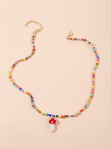 Mushroom Charm Beaded Necklace - Multicolor - View 4