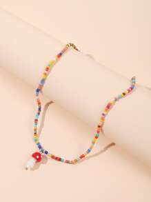 Mushroom Charm Beaded Necklace - Multicolor - View 2
