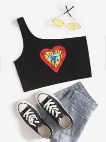 SHEIN Unity Heart And Letter Graphic Print One Shoulder Crop Top - Black - View 1