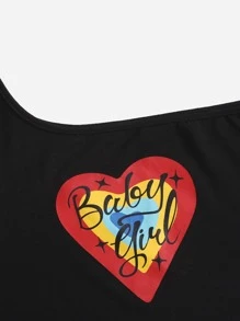 SHEIN Unity Heart And Letter Graphic Print One Shoulder Crop Top - Black - View 3