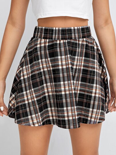 SHEIN Plaid Elastic Waist Flare Skirt