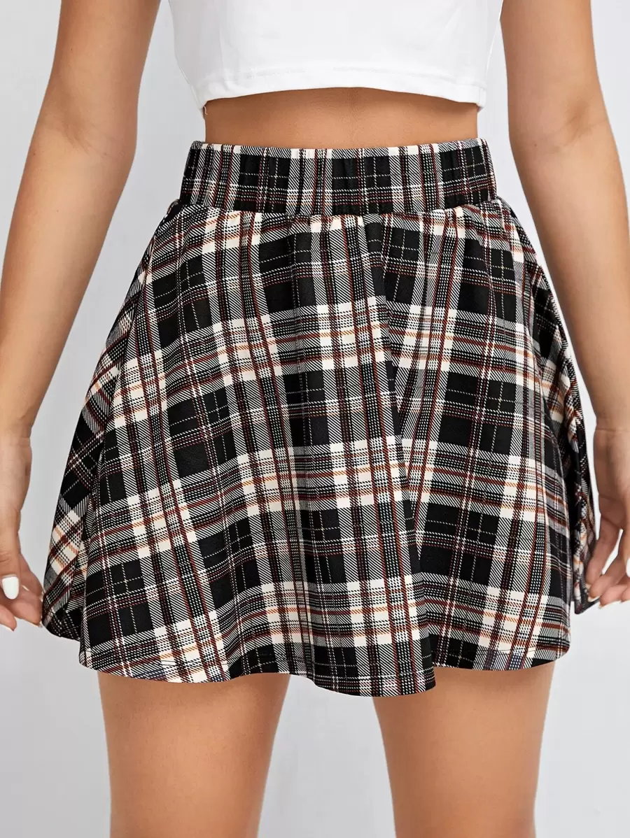 Muchica Plaid Elastic Waist Flare Skirt - Multicolor - View 1