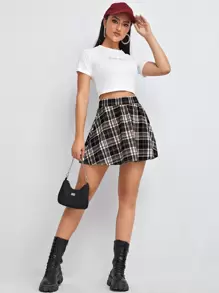 Muchica Plaid Elastic Waist Flare Skirt - Multicolor - View 3