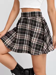 Muchica Plaid Elastic Waist Flare Skirt - Multicolor - View 5