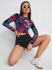 Muchica Letter & Graphic Scallop Trim Tee - Multicolor - View 1