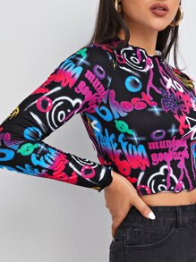 Muchica Letter & Graphic Scallop Trim Tee - Multicolor - View 4