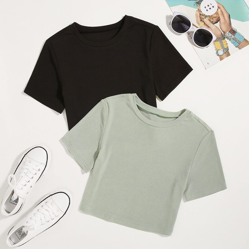 

2pcs Solid Ribbed Crop Tee, Multicolor