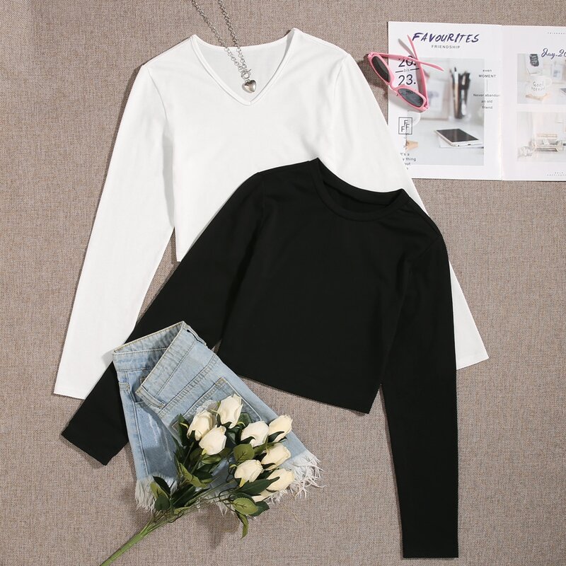

2pcs Solid Crop Tee, Black and white