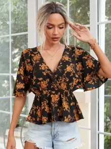 Allover Floral Print Surplice Front Peplum Blouse - Black - View 1