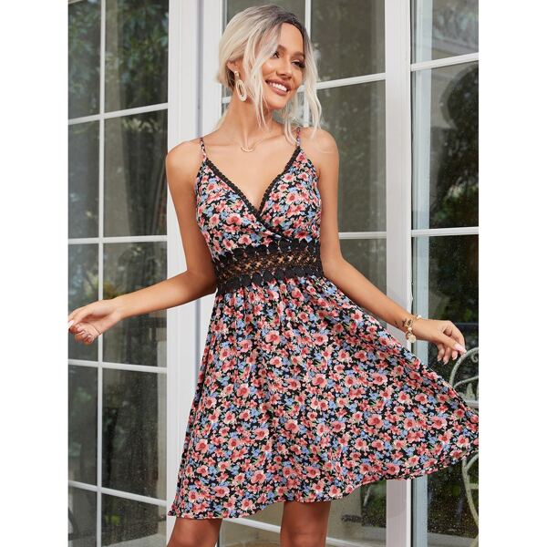 

Contrast Guipure Lace Floral Print Cami Dress, Multicolor