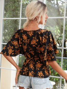 Allover Floral Print Surplice Front Peplum Blouse - Black - View 2