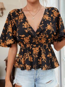 Allover Floral Print Surplice Front Peplum Blouse - Black - View 4