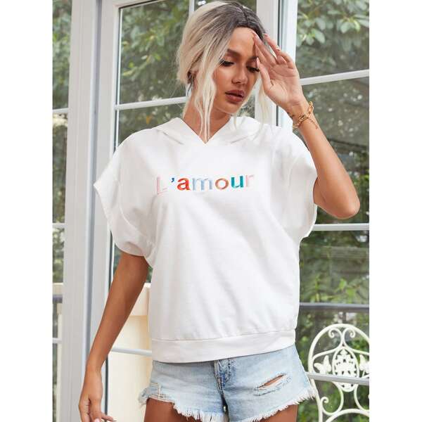 

Letter Embroidery Batwing Sleeve Hoodie, White