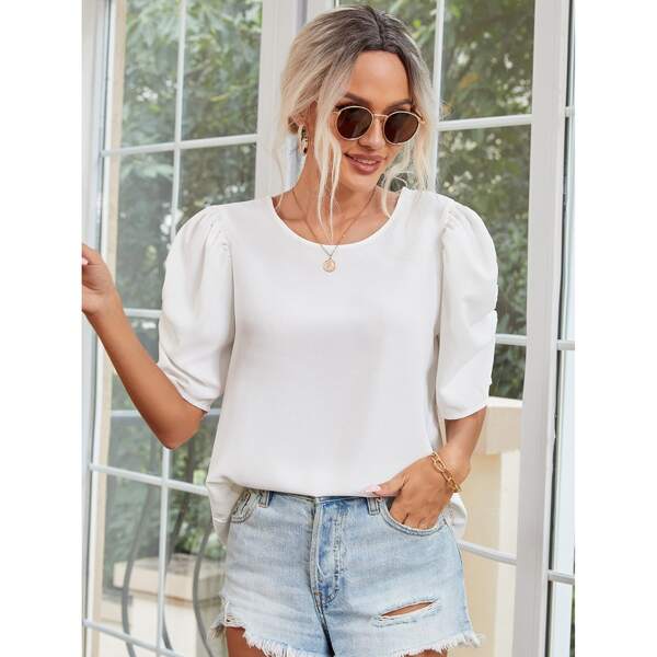

Solid Ruched Puff Sleeve Blouse, White