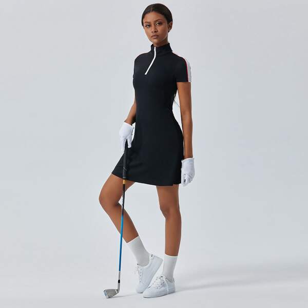 

Contrast Panel Quarter Zip Golf Dress, Black