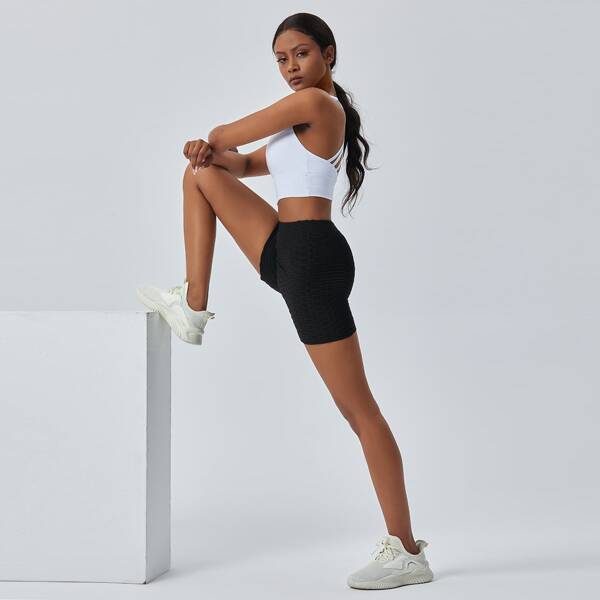 

Solid Wide Band Waist Sports Shorts, Black