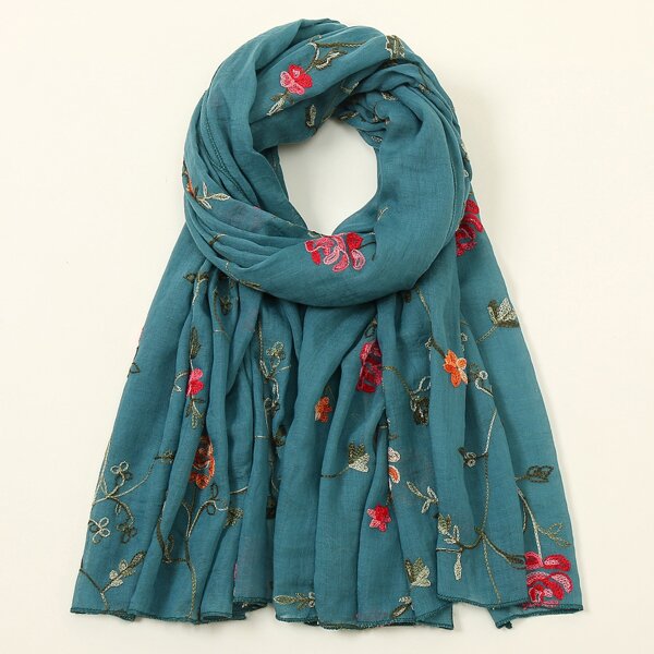 

Floral Embroidery Scarf, Teal blue