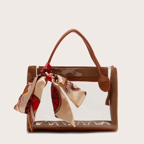 

Twilly Scarf Decor Clear Satchel Bag, Brown