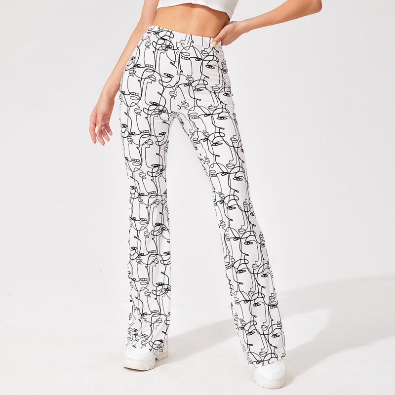 

Abstract Print Flare Leg Pants, Black and white