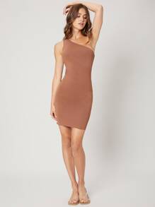 SHEIN BAE 粘纖單肩緊身毛衣裙 - 棕色 - 查看 1