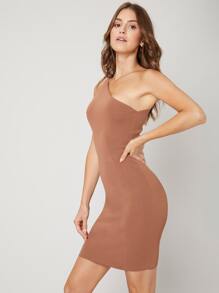 SHEIN BAE 粘纖單肩緊身毛衣裙 - 棕色 - 查看 7