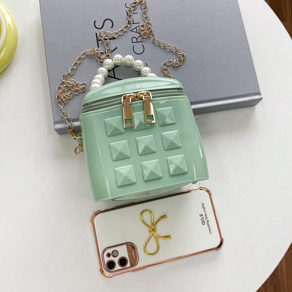 

Faux Pearl Decor Chain Satchel Bag, Green
