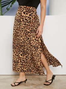 SHEIN Falda con estampado de leopardo con cremallera trasera de muslo con abertura - Multicolor - Ver 1
