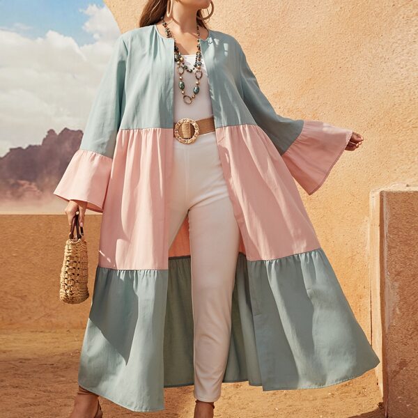 

Plus Colorblock Flounce Sleeve Open Front Abaya, Multicolor