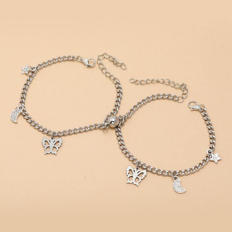 

2pcs Butterfly & Moon Chain Bracelet, Silver