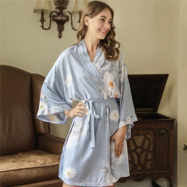 

Floral Print Belted Robe, Baby blue
