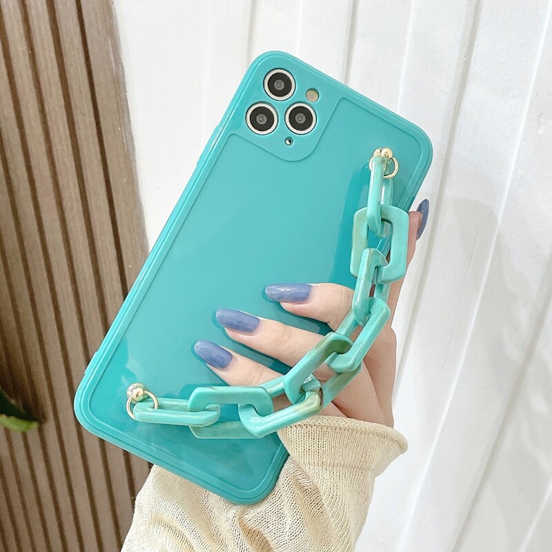 

Solid Phone Case With Chain Hand Strap, Teal blue