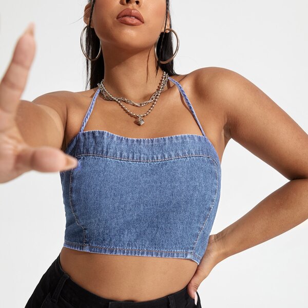 

Plus Zipper Back Crop Halter Denim Top, Medium wash