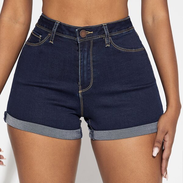 

High Waist Roll Hem Denim Shorts, Dark wash