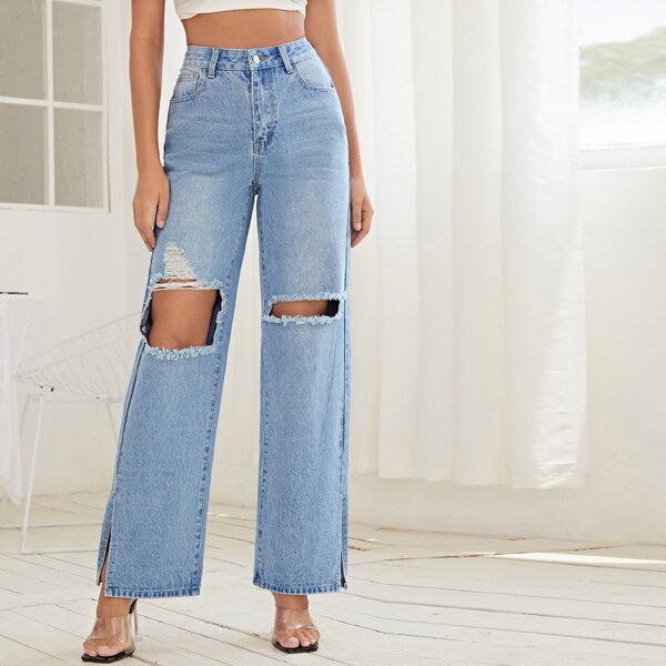 

High Waist Stone Wash Ripped Split Hem Jeans, Light wash
