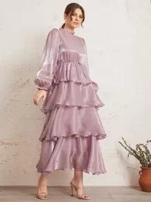 SHEIN Vestido de organdí bajo con fruncido a capas de manga farol - Rosa vieja - Ver 1