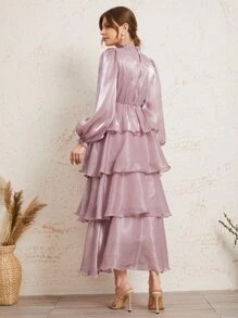 SHEIN Vestido de organdí bajo con fruncido a capas de manga farol - Rosa vieja - Ver 2