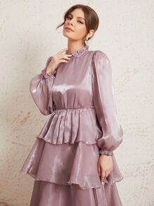 SHEIN Vestido de organdí bajo con fruncido a capas de manga farol - Rosa vieja - Ver 3