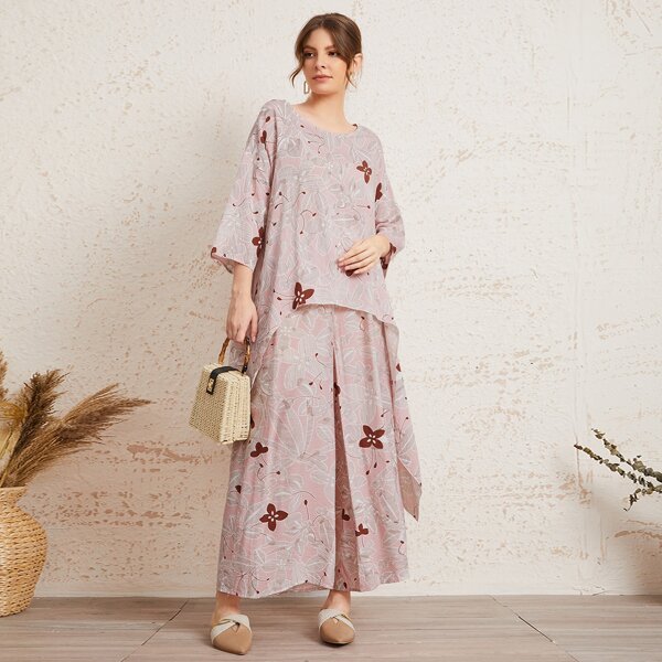 

Floral Print Hanky Hem Top & Palazzo Pants Set, Multicolor