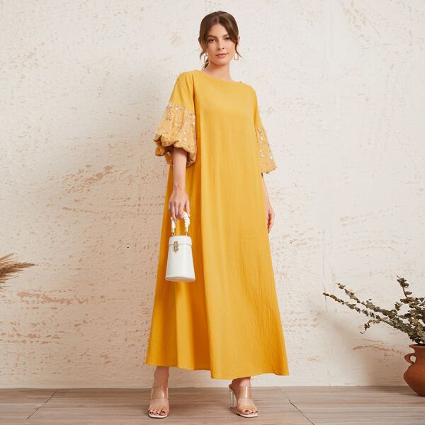 

Contrast Sequin Detail Lantern Sleeve Tent Dress, Yellow