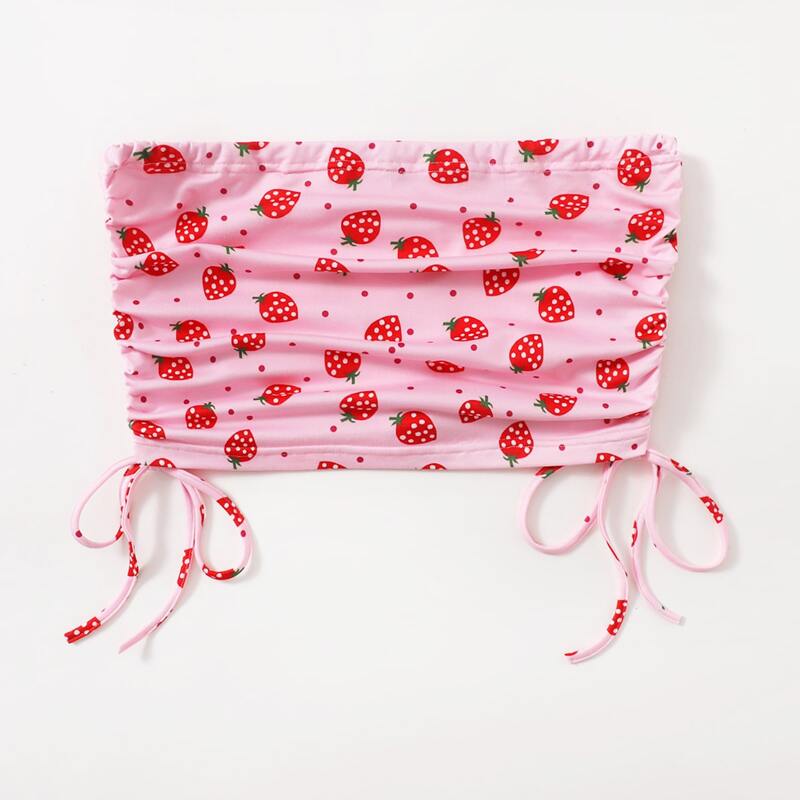 

Polka Dot & Strawberry Graphic Drawstring Crop Tube Top, Pink