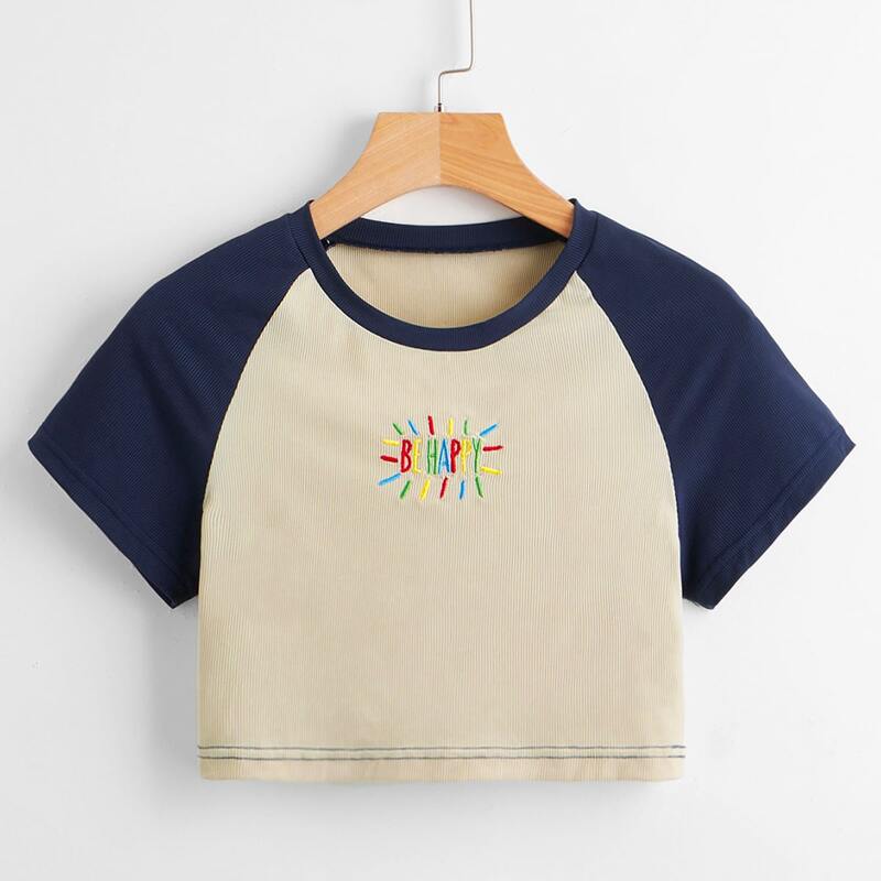 

Letter Embroidery Colorblock Crop Tee, Multicolor